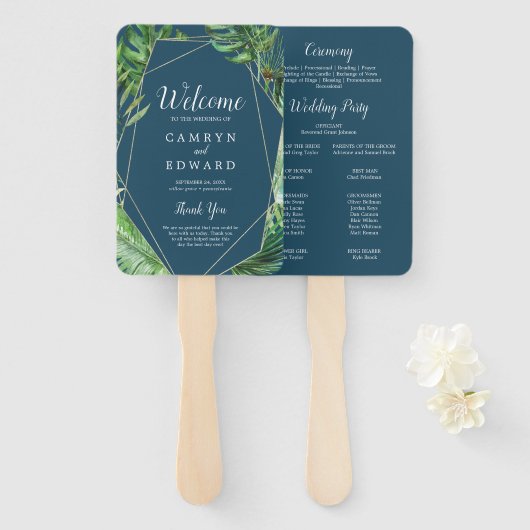 Wild Tropical Palm | Navy Blue Wedding Programme F Handwaaier (Voorkant en achterkant)