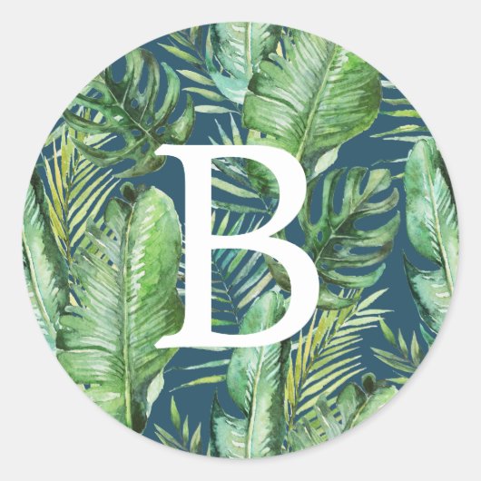 Wild Tropical Palm | Zeeslagzegel op monogram Ronde Sticker (Voorkant)
