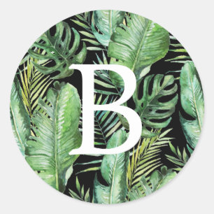 Wild Tropical Palm Zwarte monogram envelop Ronde Sticker