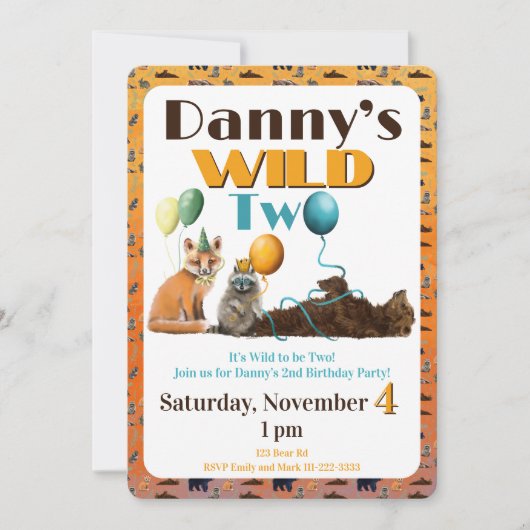 Wild Two Animals First Birthday Invitation Kaart (Voorkant)