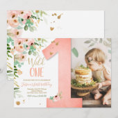 Wild Un 1er anniversaire Invitation Floral Rose Go (Devant / Derrière)