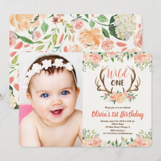 Wild un 1er anniversaire photo invitation cerf ren (Devant / Derrière)