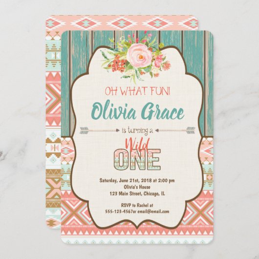 Wild une invitation 1er anniversaire fille tribale (Devant / Derrière)