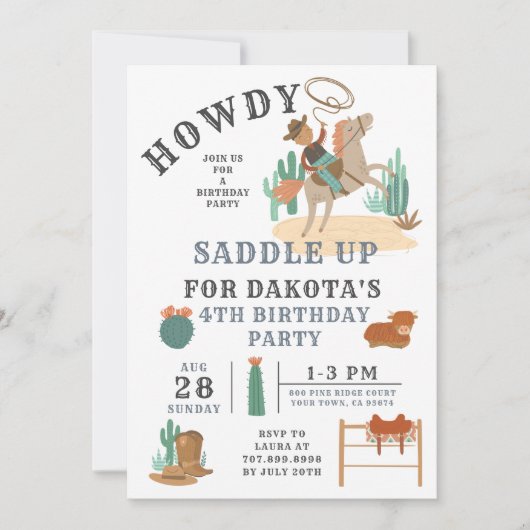 Wild West Cowboy Boy Invitation 4e anniversaire (Devant)