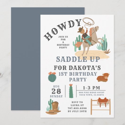 Wild West Cowboy First Birthday Invitation Kaart (Voorkant / Achterkant)