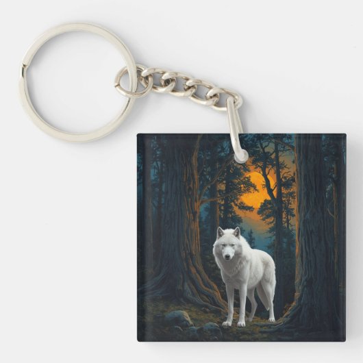 Wild White Wolf Under Moonlight Forest Animal Sleutelhanger (voorkant)