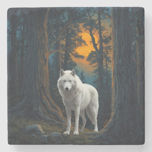 Wild White Wolf Under Moonlight Forest Animal Stenen Onderzetter (Voorkant)