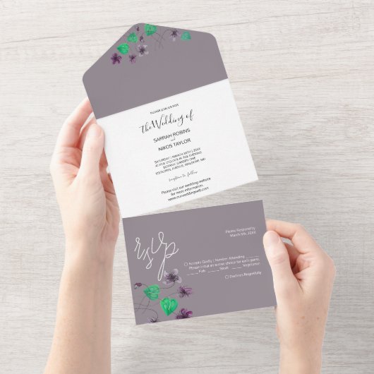 Wild Wiolets Waterverf handgeschilderd All In One Uitnodiging (Afscheurbaar)