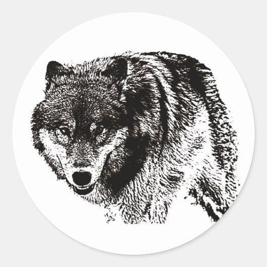 Wild Wolf Zwart & Wit kunstwerk Ronde Sticker (Voorkant)