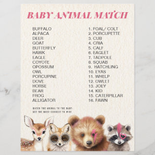 Wild Woodland Animals Baby shower Match Game