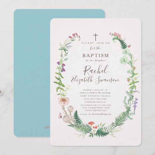 Wild Woodland Flowers Baptism Invitation Kaart (Voorkant / Achterkant)