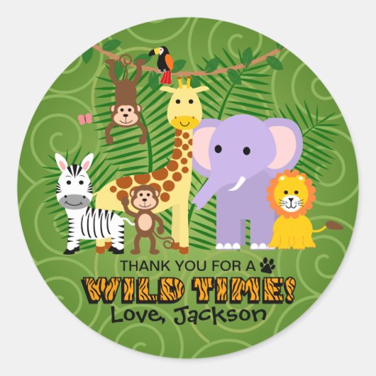 Wild Zoo Animal Oerwoud Safari Verjaardag Dank u Ronde Sticker (Voorkant)