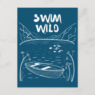 Wild zwemmen met vrienden in meer bij boot briefkaart