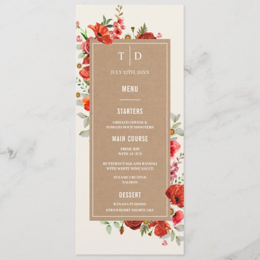 Wildbloem papaver Cardstock Weddenschap Menu (Voorkant)