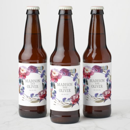 Wildbloem Peony Floral met veren | Weddenschap Bier Etiket (Flessen)