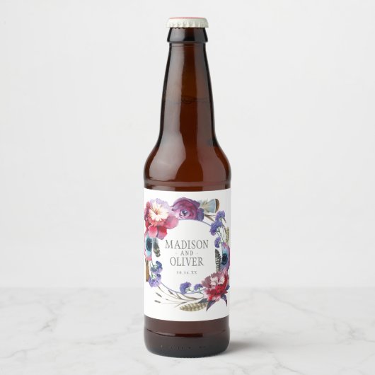 Wildbloem Peony Floral met veren | Weddenschap Bier Etiket (Voorkant)