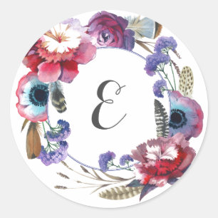 Wildbloem Pioen Bloemen met Veren Monogram Ronde Sticker