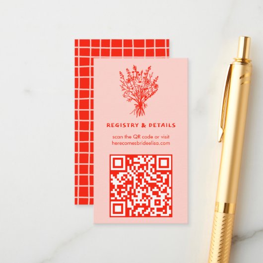 Wildbloemboeket rustieke grillige QR-code bruids Informatiekaartje (Voorkant / Achterkant in situ)