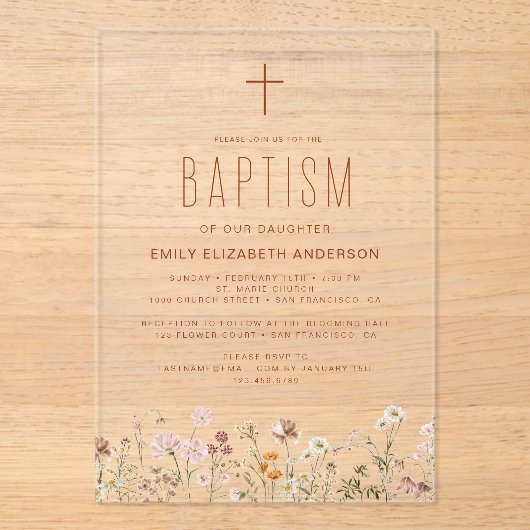 Wildbloemdooptuin in bloei terracotta acryl uitnodigingen (Voorkant)