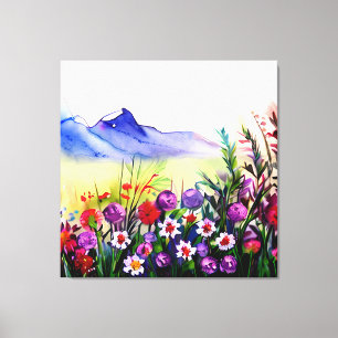 Wildbloemen aan de voet van een berg canvas afdruk