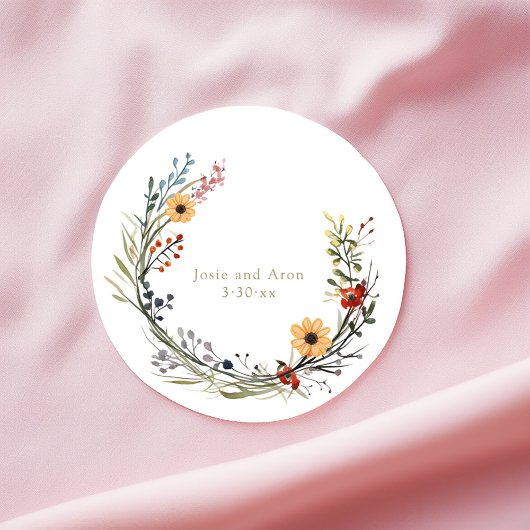  Wildbloemen Bruiloft Krans Namen en Datum Ronde Sticker