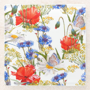 Wildbloemen: donkerblauwe waterverf naadloos glazen onderzetter