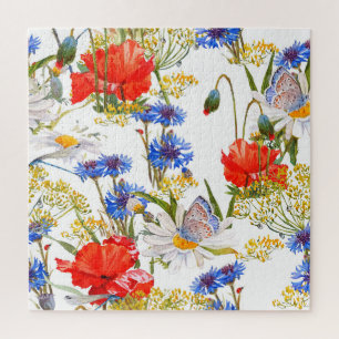 Wildbloemen: donkerblauwe waterverf naadloos legpuzzel