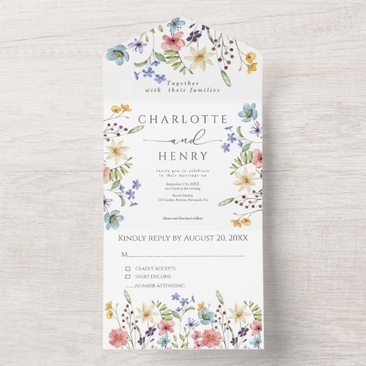 Wildbloemen Eenvoudige tuin bruiloft All In One Uitnodiging (Binnen)