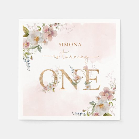 Wildbloemen eerste verjaardag Wild One blush roze Servet (Voorkant)