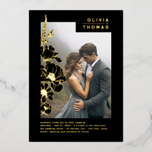 Wildbloemen Elegant Romantisch Zwart Bruiloft Foto Folie Uitnodiging