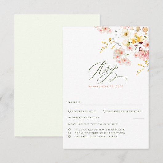 Wildbloemen Elegante bruiloft RSVP Kaartje (Voorkant / Achterkant)