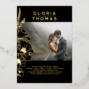 Wildbloemen Elegante moderne zwarte bruiloft foto Folie Uitnodiging