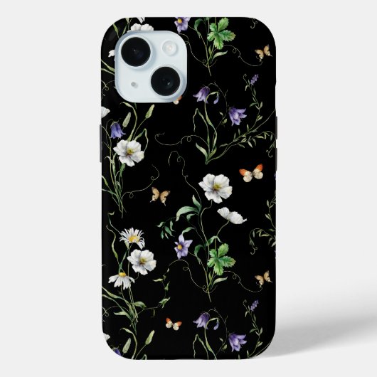 Wildbloemen en vlinders op zwart Case-Mate iPhone case (Achterkant)