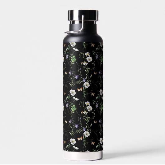 Wildbloemen en vlinders op zwart waterfles (Rechts)