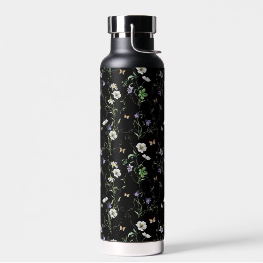 Wildbloemen en vlinders op zwart waterfles (Links)
