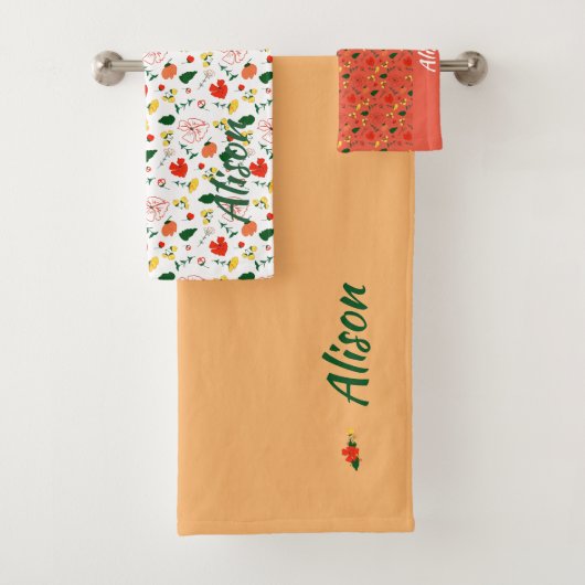 Wildbloemen groen wit rood naam badhanddoek set bad handdoek (Insitu)