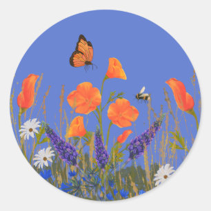 Wildbloemen Lente Poppies Meadow Vlinder Ronde Sticker