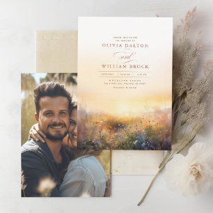 Wildbloemen Meadow Earthy Elegant Wedding Foto Kaart