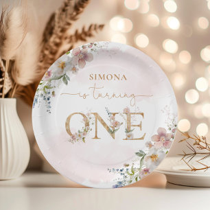 Wildbloemen meisje 1e verjaardag blush roze bloese papieren bordje