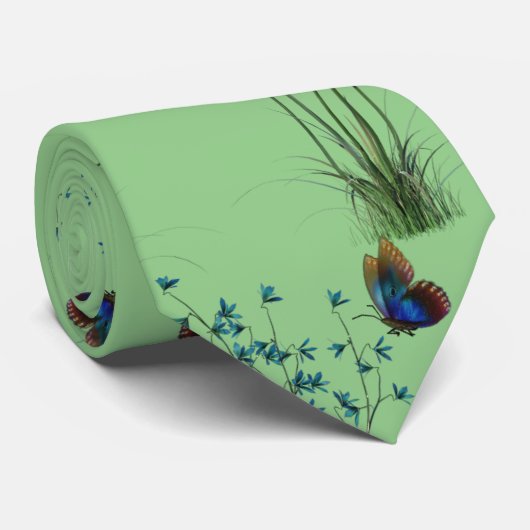 Wildbloemen met vlinder op Sage Green Stropdas (Opgerold)