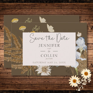 Wildbloemen op bruine bruiloft save the date