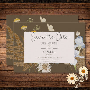 Wildbloemen op bruine bruiloft save the date
