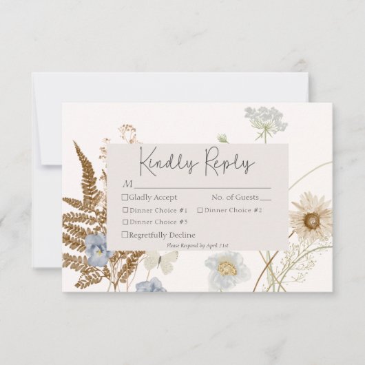 Wildbloemen op crème bruiloft drie diner RSVP kaartje (Voorkant)