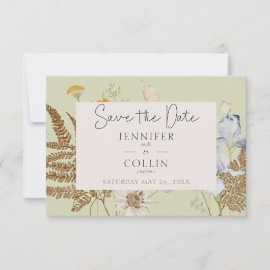 Wildbloemen op Licht Sage Bruiloft Save The Date (Voorkant)