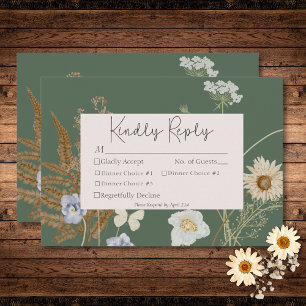 Wildbloemen op Sage Groene Bruiloft Drie Diner RSVP Kaartje