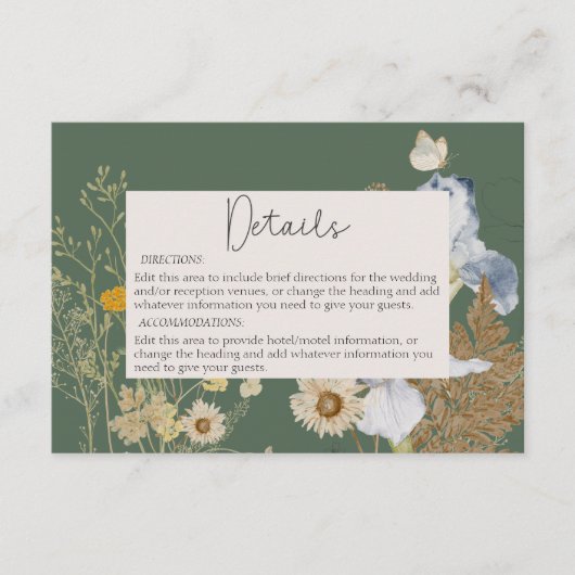 Wildbloemen op Sage Wedding Details Informatiekaartje (Voorkant)