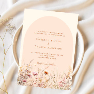 Wildbloemen perzik beige boog boho luxe bruiloft kaart