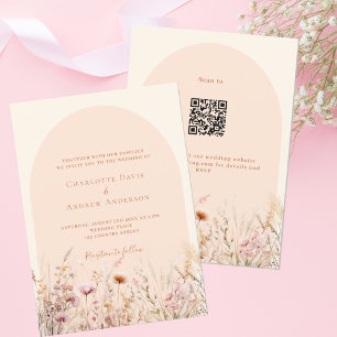 Wildbloemen perzik beige boog QR code RSVP bruilof Kaart