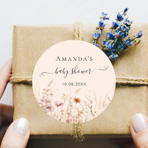 Wildbloemen perzik beige roze baby shower ronde sticker