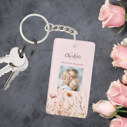 Wildbloemen roze foto monogram sleutelhanger